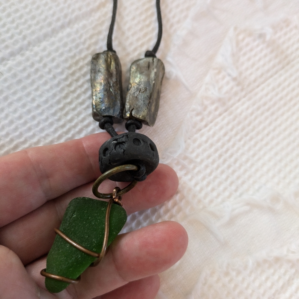 Necklace with labradorite, lava rock and green sea glass